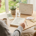 A serene mid-year review workspace designed for stress-free goal alignment. A woman focuses on a 'MID-YEAR AUDIT' planner, featuring bullet points about realistic expectations and sustainable steps. Handwritten sticky notes highlight themes of mindfulness, reducing pressure, and prioritizing well-being. The cozy desk setting with plants and morning light reinforces a calm and intentional personal development process.