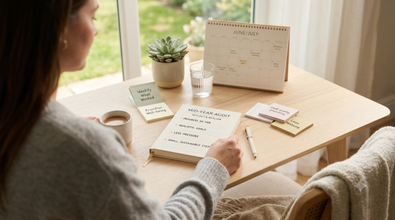 A serene mid-year review workspace designed for stress-free goal alignment. A woman focuses on a 'MID-YEAR AUDIT' planner, featuring bullet points about realistic expectations and sustainable steps. Handwritten sticky notes highlight themes of mindfulness, reducing pressure, and prioritizing well-being. The cozy desk setting with plants and morning light reinforces a calm and intentional personal development process.