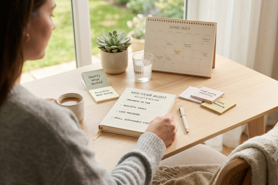A serene mid-year review workspace designed for stress-free goal alignment. A woman focuses on a 'MID-YEAR AUDIT' planner, featuring bullet points about realistic expectations and sustainable steps. Handwritten sticky notes highlight themes of mindfulness, reducing pressure, and prioritizing well-being. The cozy desk setting with plants and morning light reinforces a calm and intentional personal development process.