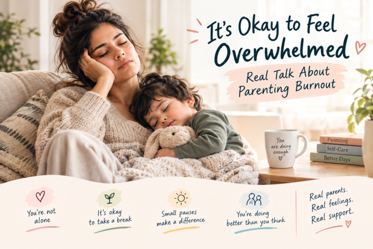Tired mother resting with her child while experiencing parenting burnout