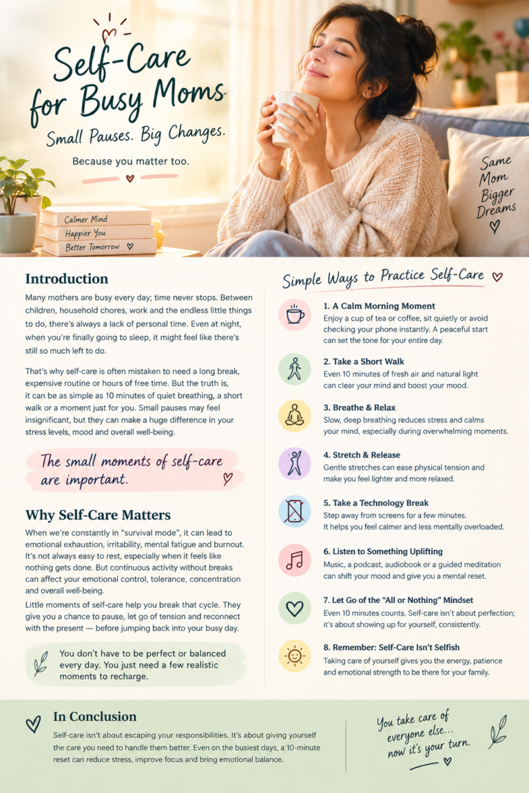 Self-care for busy moms taking a quiet 10-minute break with a cup of tea