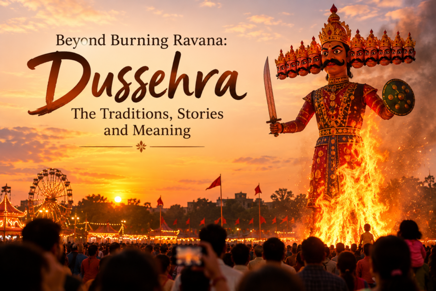 Dussehra celebration with a Ravana effigy, symbolising the victory of good over evil