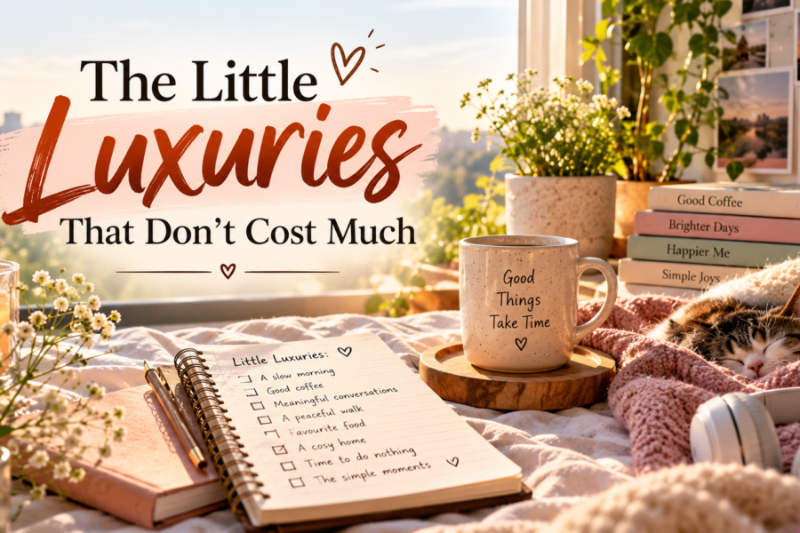 A cosy morning with coffee, books and soft blankets, representing the simple luxuries of everyday life.