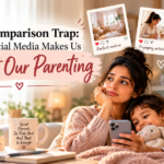A parent with a young child looking at a smartphone, representing the pressure of social media comparisons in parenting.