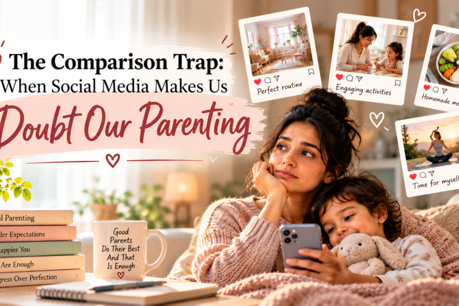 A parent with a young child looking at a smartphone, representing the pressure of social media comparisons in parenting.