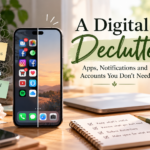 A smartphone showing app clutter and notifications beside an organised workspace, representing a digital declutter.