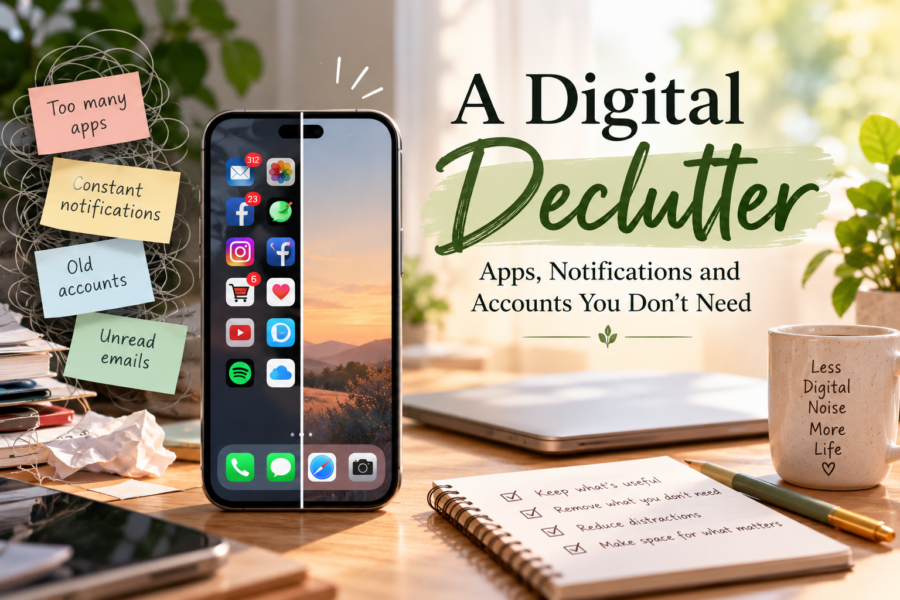 A smartphone showing app clutter and notifications beside an organised workspace, representing a digital declutter.