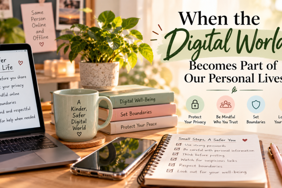 A laptop, smartphone and notebook illustrating online privacy, digital safety and personal boundaries.